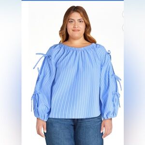 Free Assembly Gathered Neck Cotton Top w/ Long Tie Sleeves XXL New